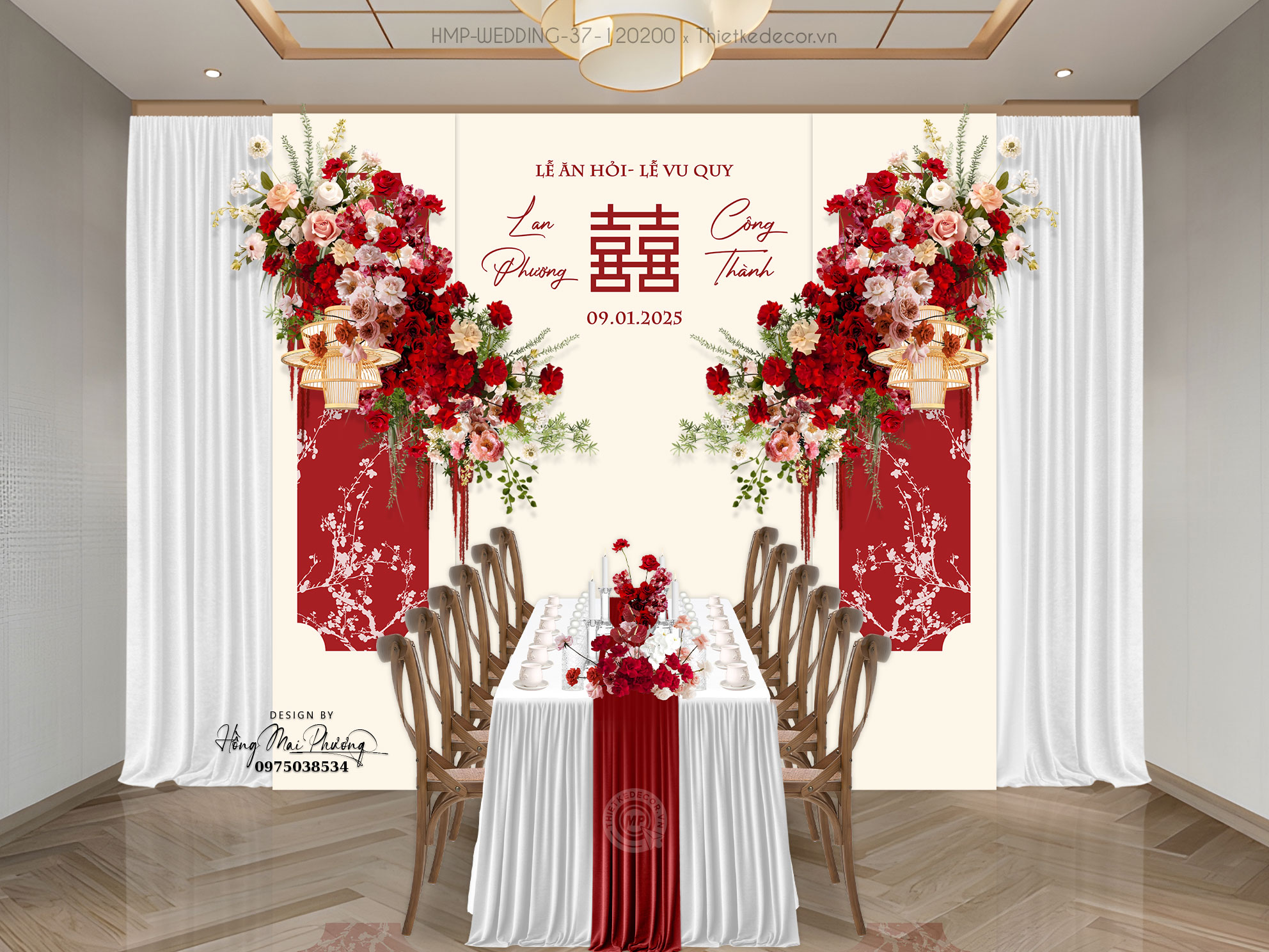 Gia tiên tone đỏ kem họa tiết cành đào